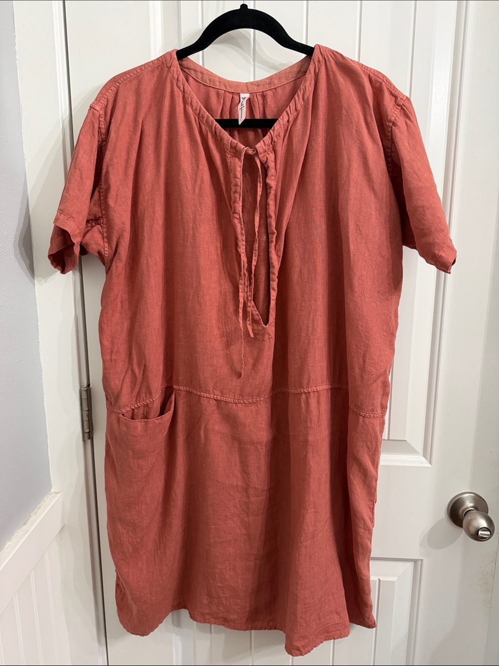 Women's Tie-Neck Short Sleeve Linen Dress